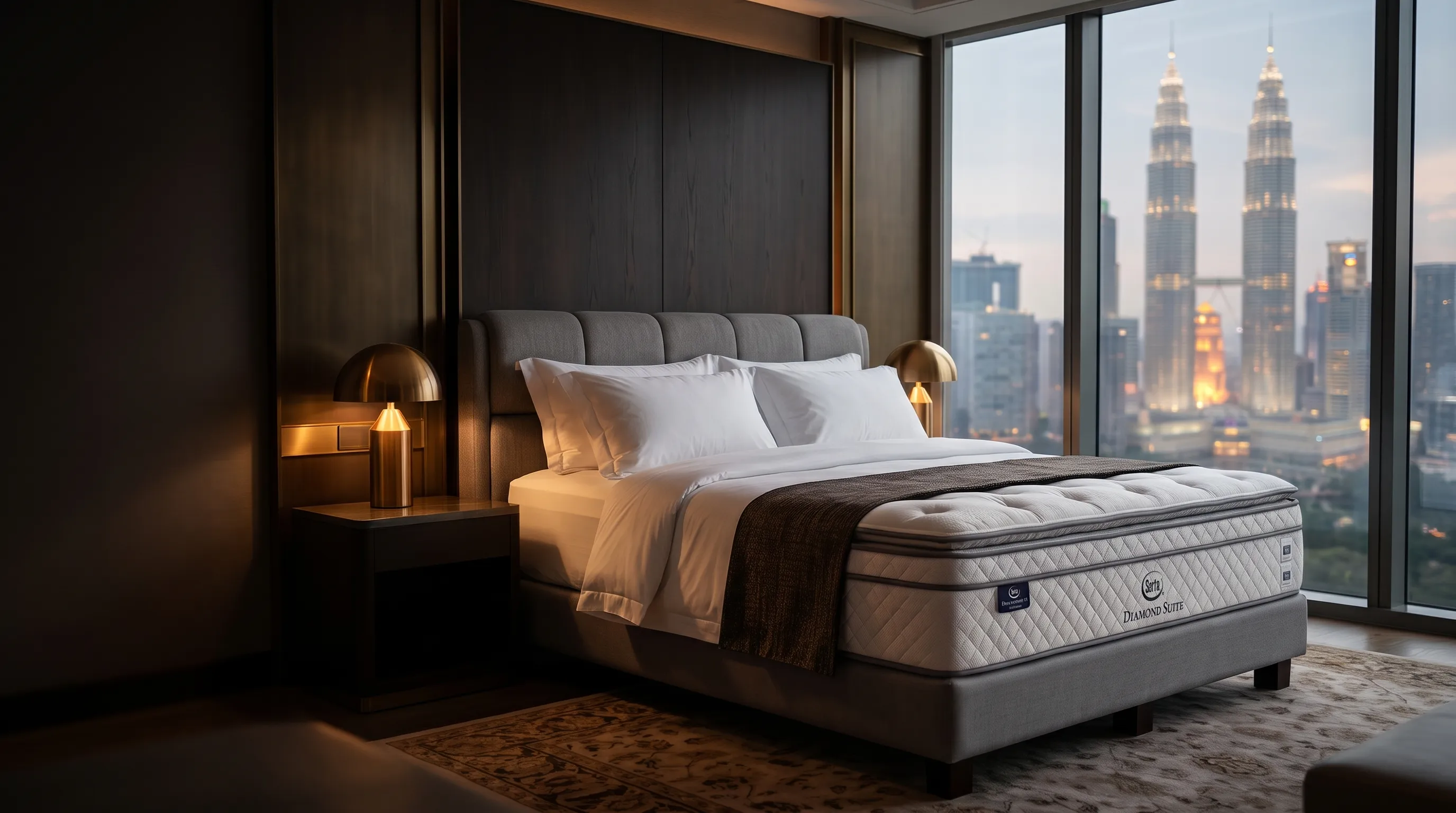A Serta Diamond Suite bed in a luxury hotel room at dusk