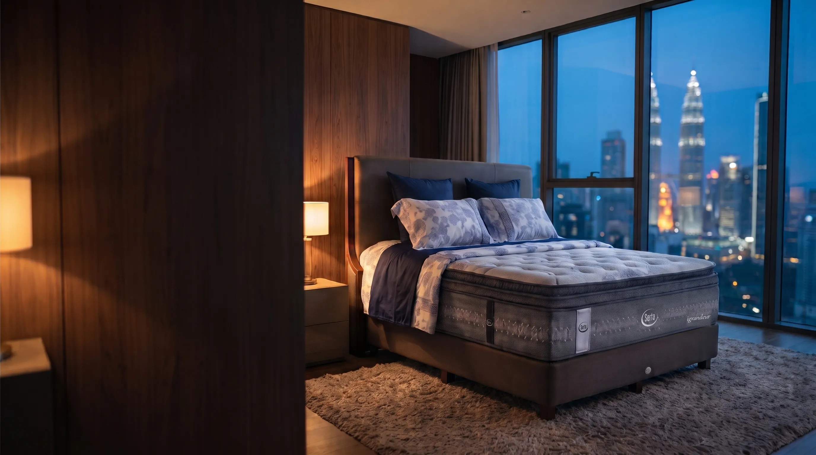 A Serta iPedic mattress in a Kuala Lumpur penthouse bedroom at dusk, the city lights behind it