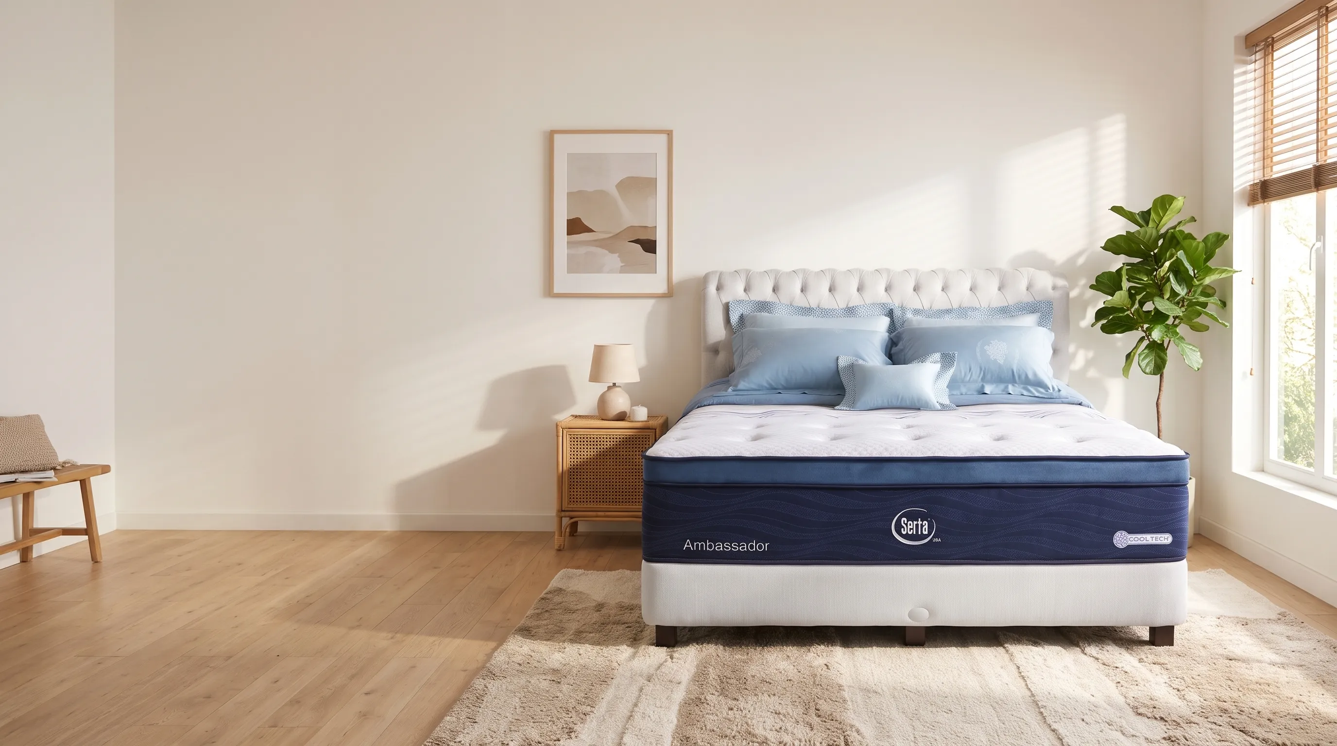 A Serta bed in a bright showroom-style bedroom