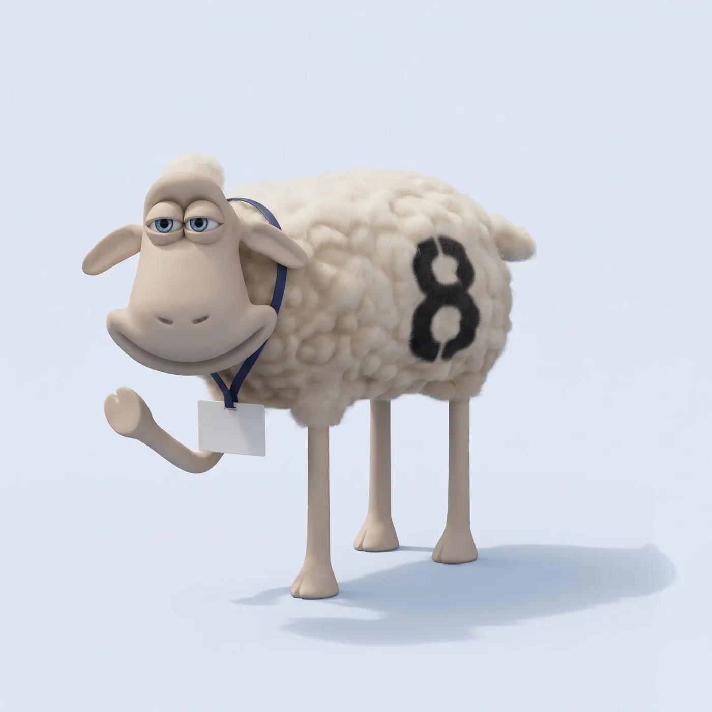 A Serta counting sheep wearing a name badge and waving