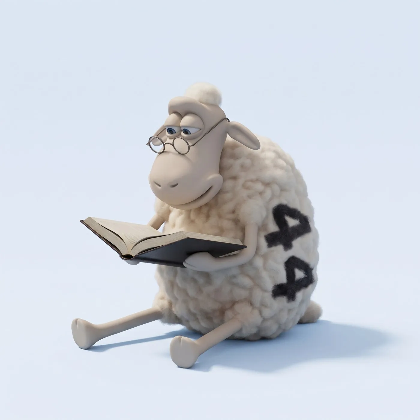 A Serta counting sheep in reading glasses, reading a book
