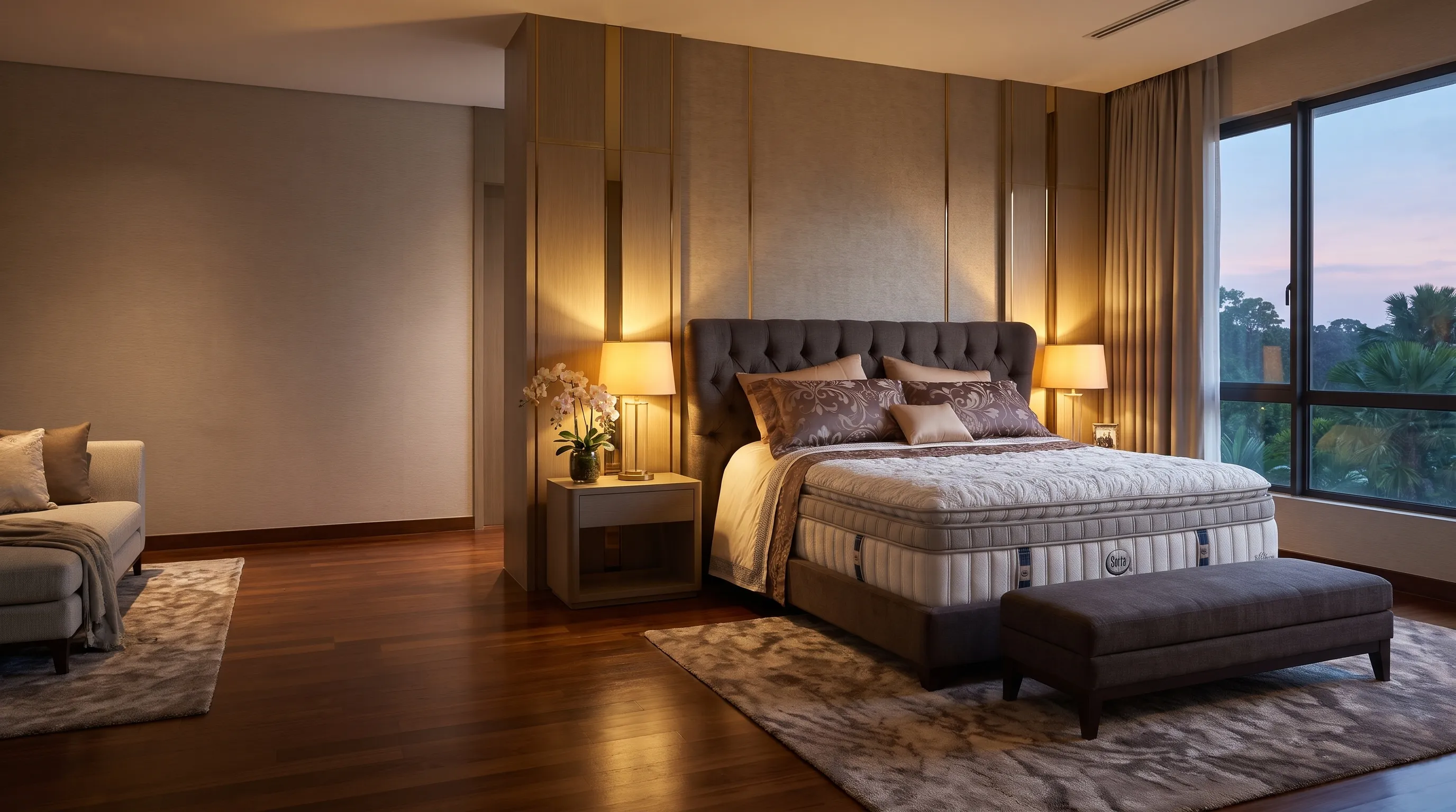A Serta Signature mattress in a warm, lamp-lit bedroom in the evening