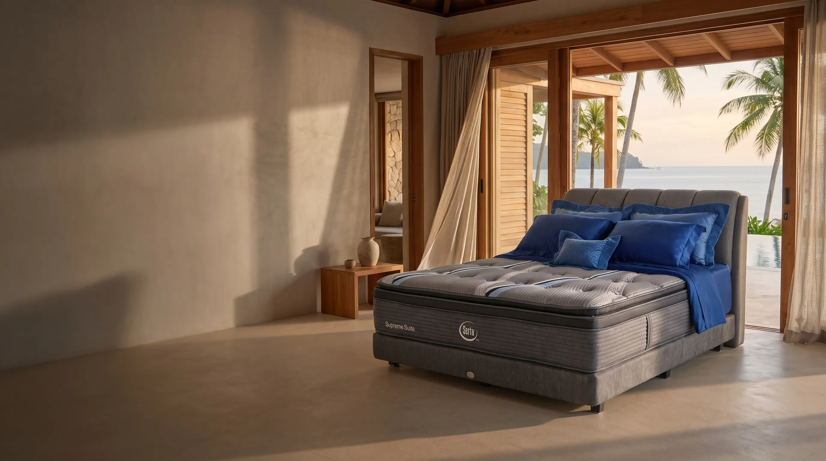 A Serta Supreme Suite mattress in a seaside villa bedroom at golden hour, palms and sea outside